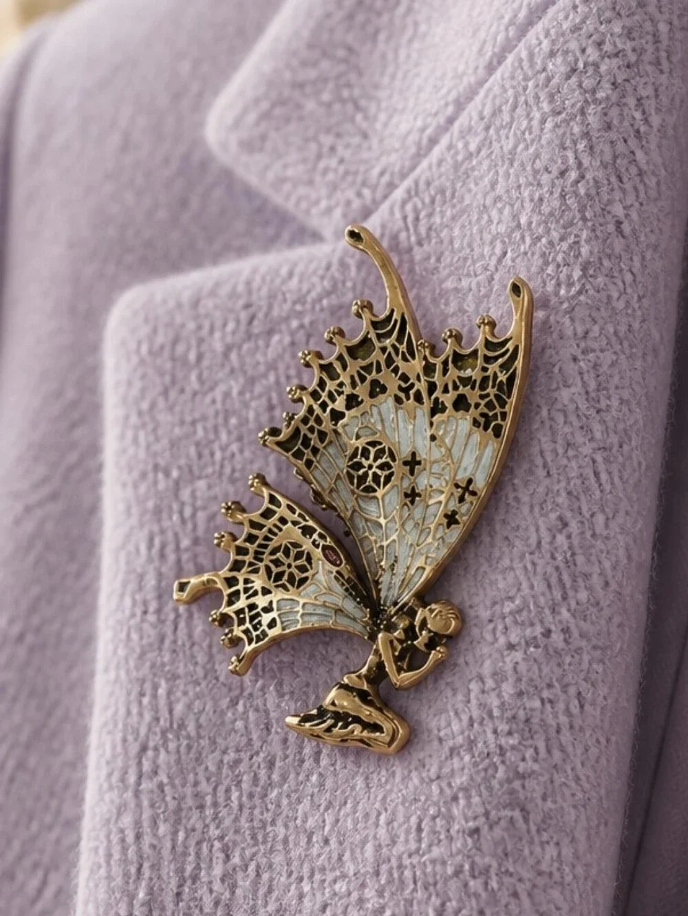 Gold Fairy Brooch Enamel Filigree Wings Fantasy Whimsical Gothic Statement Pin